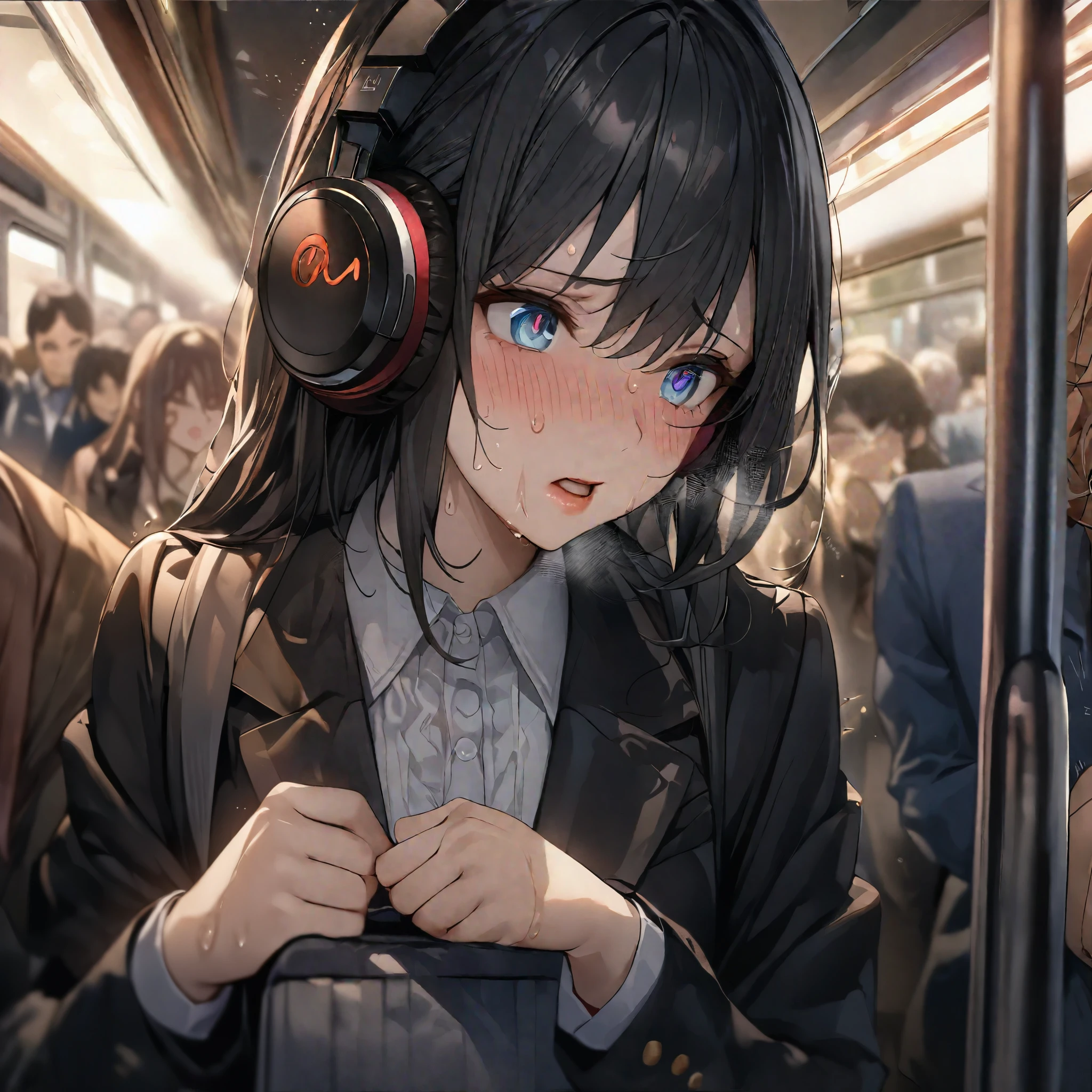 (Highest image quality、4K、8K、High resolution、masterpiece:1.2)、Ultra high definition、crowded train、(Blazer appearance、beautiful eyes、beautiful lips、extremely detailed eyes and face、long eyelashes)、unpleasant、congestion、cramped space、anxious look、Desperate to get off the train、Feeling of pressure、Feeling of frustration、Sweat、stressful atmosphere、overwhelming number of people、cramped、stacking luggage、tired face、Commuters looking tired、Hasty movement、struggling to maintain balance、A chatty and lively background、Distant train announcement、Sweat on the palm of your hand、flickering fluorescent lights、blurry scenery outside the window、Push or pull quickly、cling to the handrail、Pushing each other、An impatient sigh or an irritated murmur、Stifling heat and lack of fresh air、Muffled headphones that play music to escape reality、The subtle scent of perfume and sweat、Various emotions reflected on each person's face、Description of crowded train、portrait、Congested urban environment、Evening rush hour。