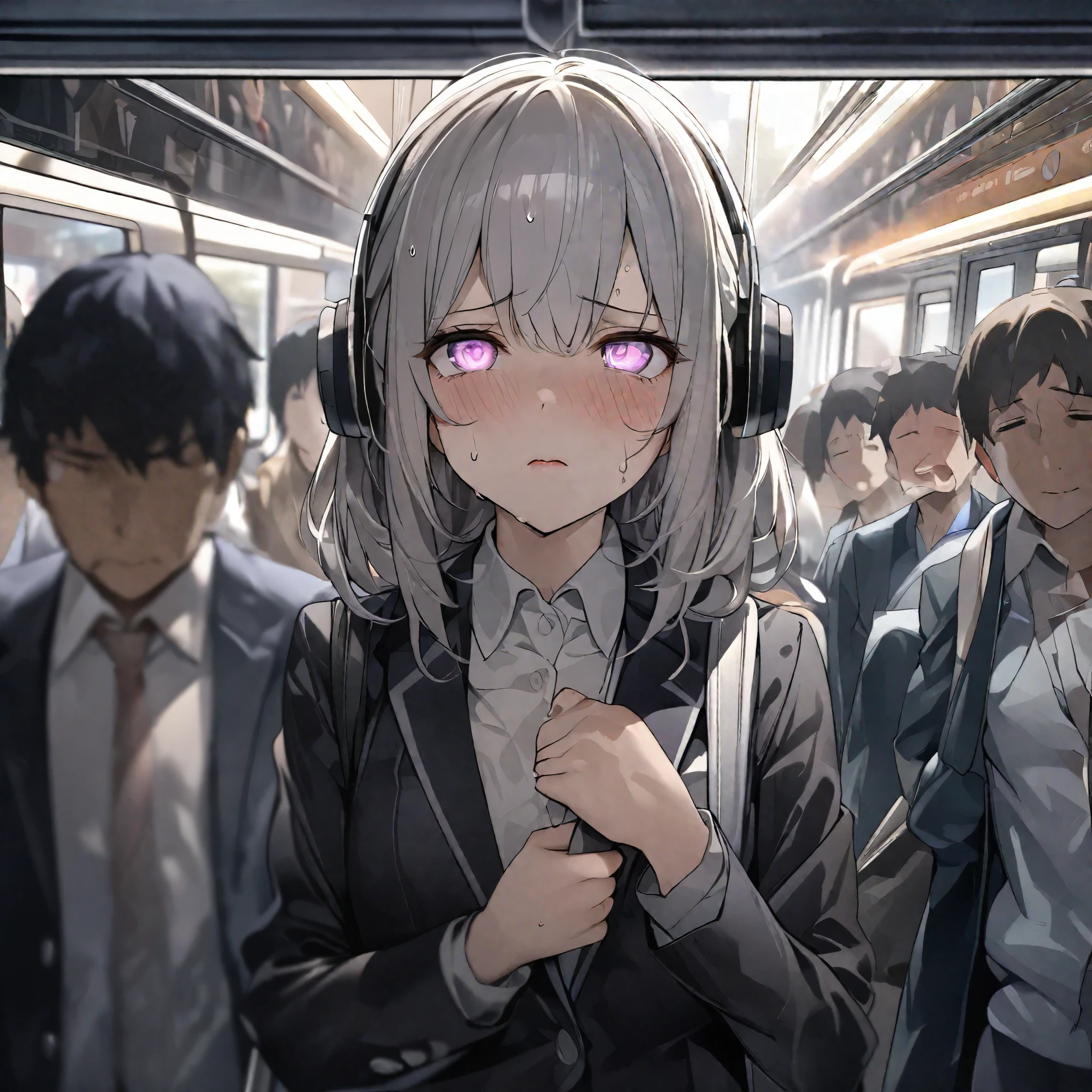 (Highest image quality、4K、8K、High resolution、masterpiece:1.2)、Ultra high definition、crowded train、(Blazer appearance、beautiful eyes、beautiful lips、extremely detailed eyes and face、long eyelashes)、unpleasant、congestion、cramped space、anxious look、Desperate to get off the train、Feeling of pressure、Feeling of frustration、Sweat、stressful atmosphere、overwhelming number of people、cramped、stacking luggage、tired face、Commuters looking tired、Hasty movement、struggling to maintain balance、A chatty and lively background、Distant train announcement、Sweat on the palm of your hand、flickering fluorescent lights、blurry scenery outside the window、Push or pull quickly、cling to the handrail、Pushing each other、An impatient sigh or an irritated murmur、Stifling heat and lack of fresh air、Muffled headphones that play music to escape reality、The subtle scent of perfume and sweat、Various emotions reflected on each person's face、Description of crowded train、portrait、Congested urban environment、Evening rush hour。