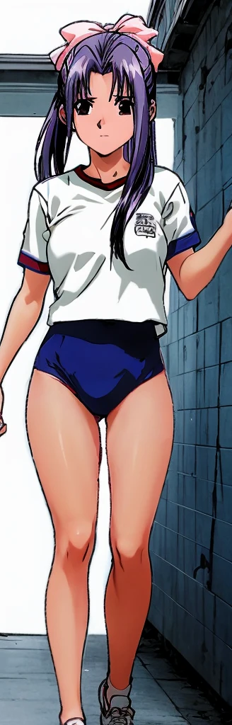 Momoko Koigakubo, a tall girl with beautiful legs, is standing from behind in a white gym uniform and light navy blue bloomers that look like panties.。