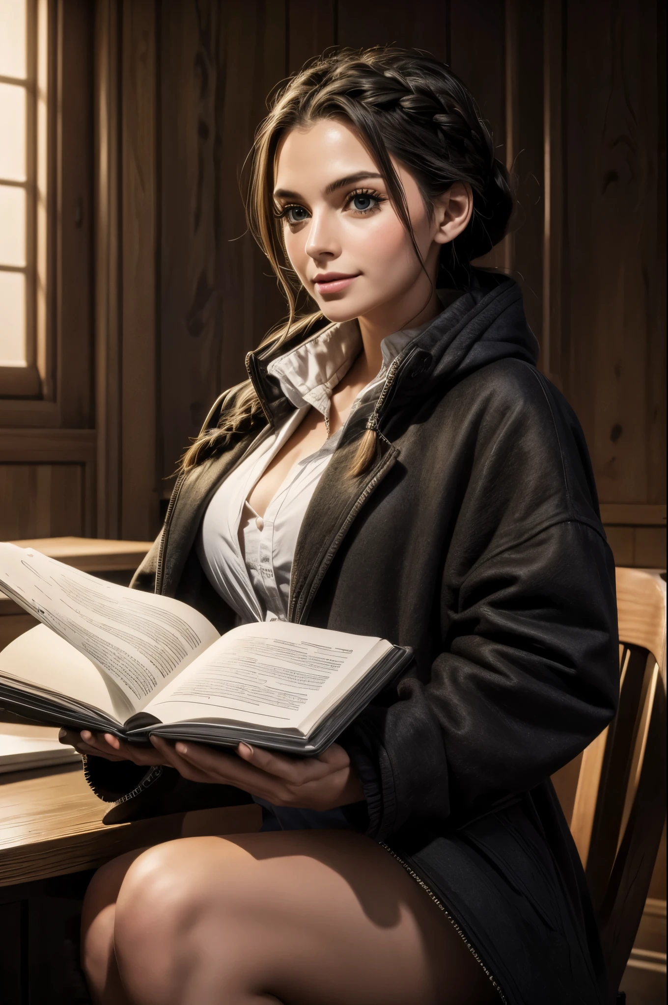 masterpiece, best quality, extremely detailed, hyperrealistic:1.1, photorealistic, a beautiful 20s russian model, ultra detailed face:1.1, braid, black hair, black duffle coat, sunglasses on head:1.1, in urtla detailed modern office, in the night:1.1, sly smile:1.1, leaning forward