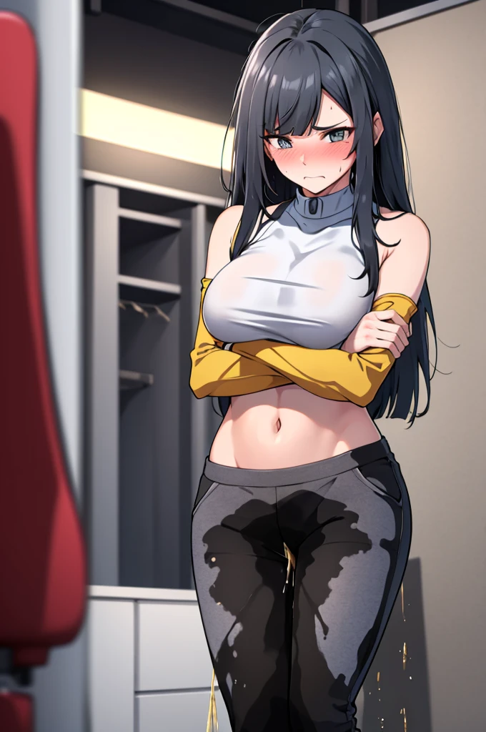 A woman with very long black hair and (very long bangs:1.5), wearing a crop top and tight sweatpants, standing. The artwork is inspired by manga and incorporates a doujin style. The woman appears to be (wetting herself:1.5), which causes her to feel embarrassed and humiliated, resulting in a blush on her face. In addition, there is an air of anger in her expression. The lighting in the scene is moody, with a spotlight highlighting the woman's figure. She is crossing her arms, (arms crossed:1.5), fully showcasing her sweatpants., large breasts, navel, midriff, groin, mound of venus, full body