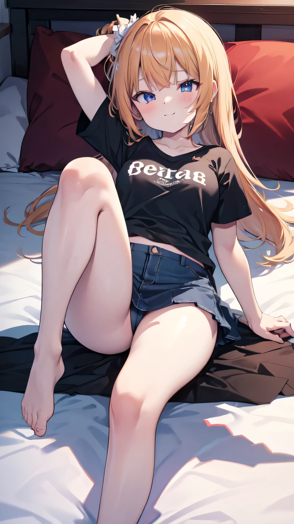 Very detailed、(8k, RAW Photos, highest quality, masterpiece:1.2), (Very detailed 8k wallpaper),figure、Professional Lighting,Sharp focus, Depth of written boundary、、Clear Eyes、Perfect Anatomy、With a girl、、、,、(Plump thighs:1.2)、、、pov 、T-Shirts、Denim mini skirt、、Lying in bed、(Leg spread:1.5)