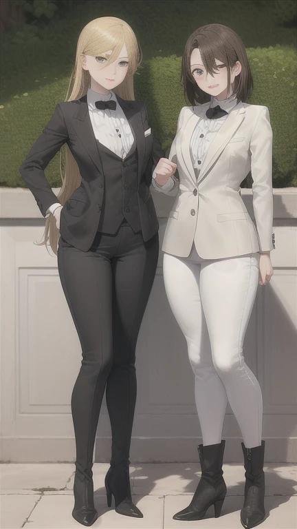 2 chicas, duo, hermanas gemelas, adolescentes, ((one By the chestnuted girl, una chica rubia)), pelo largo, By the chestnut, pelo rubio, Pelo RIZADO, ojos color avellana, mirando al espectador, peinados a juego, diferentes colores de cabello, (((trajes a juego, identical suits, Camisa blanca, Falda gris, botas gogo marrones, botas hasta la rodilla))), cuerpo completo
