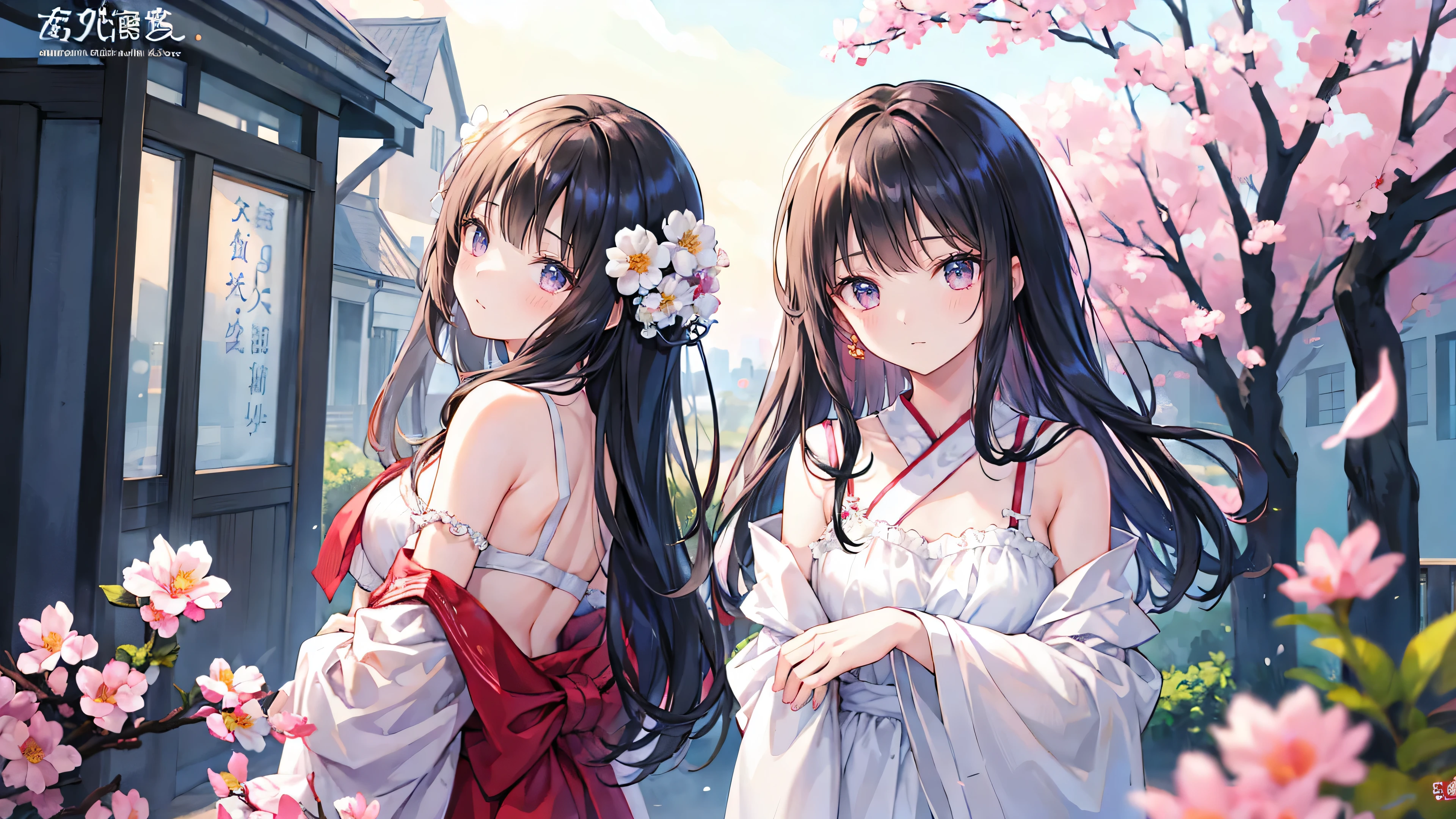 Normal of chest、masterpiece、8K wallpapers incorporating detailed CG、Two girls and two boys、12 years old、Baby Face、beautiful、Genuine、Blurred、Blurred_background、Blurred_prospect、branch、Plum offlower、depth_of_Field、flower、gem、nose、Realistic、pale black hair、alone、Shrine maiden costume、Hide your fingers、Hide your arms、Just put on a bra、whole body、Long Hair、Straight bangs、