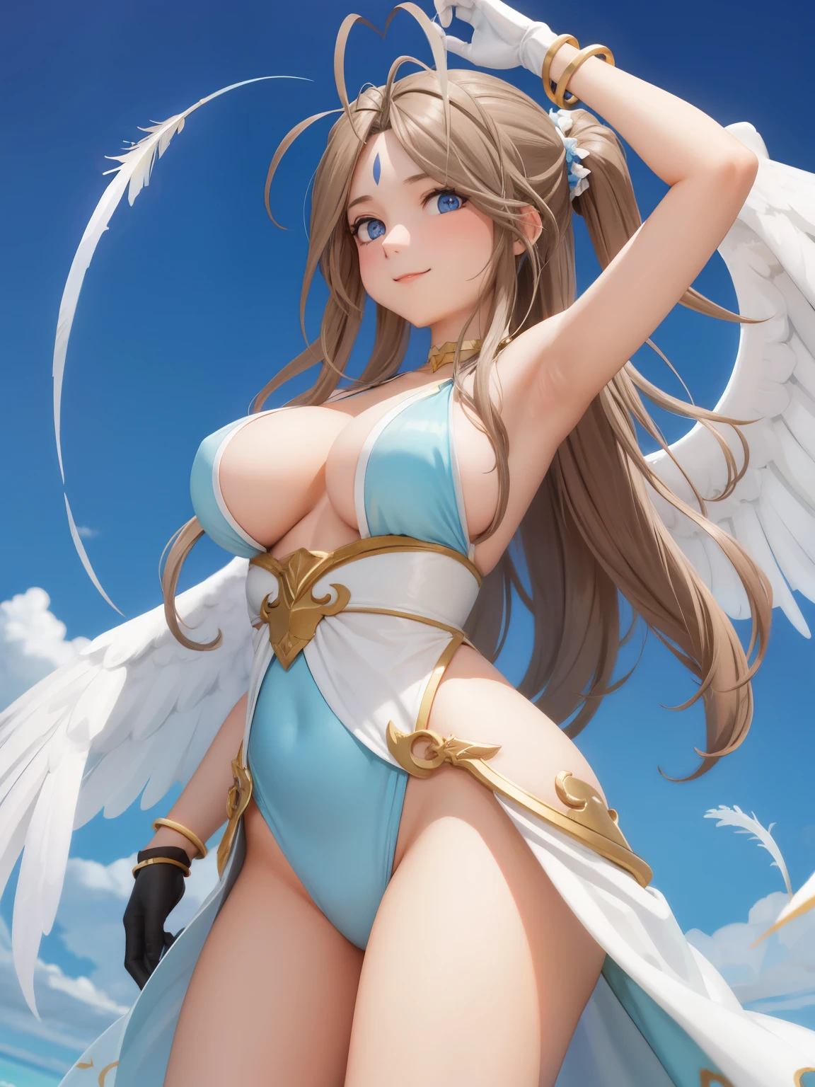 Armpit Show,(masterpiece),View your viewers,smile,Big Breasts,highest quality, High resolution, Belldandy, Long Hair, blue eyes, Brown Hair, Facial blemishes, Forehead mark, gloves, wing, choker, bracelet, ring, feather, angel wing, Side view:0.6, (For rest:1.1), stand, 20-year-old