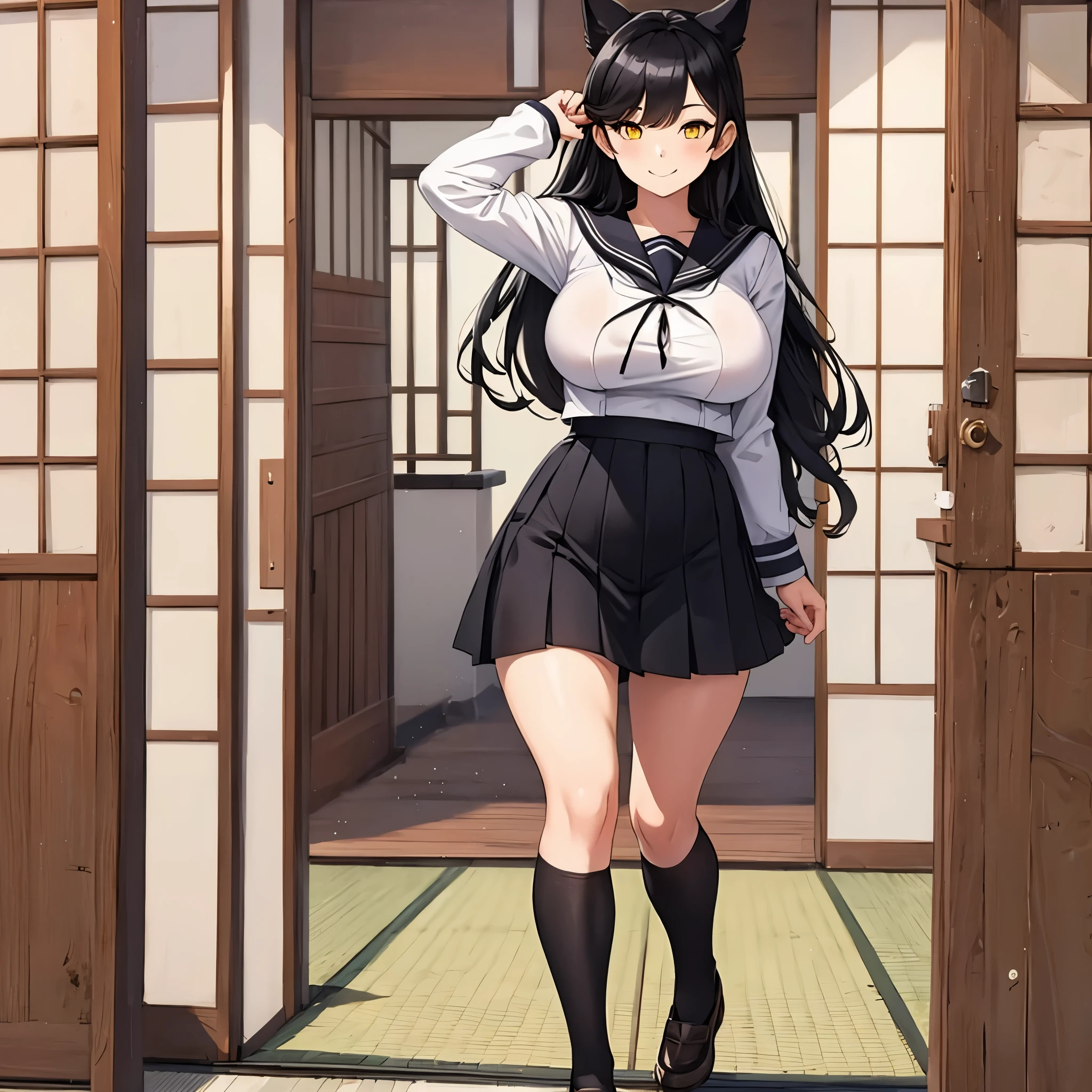 a woman in a sailor costume for a white student girl with black details, short black skirt, black tights, neko ears, long black hair, bangs over one eye, bangs over the shoulders, big breasts, smiling, yellow eyes, walking on the tour of a traditional Japanese school, full body.