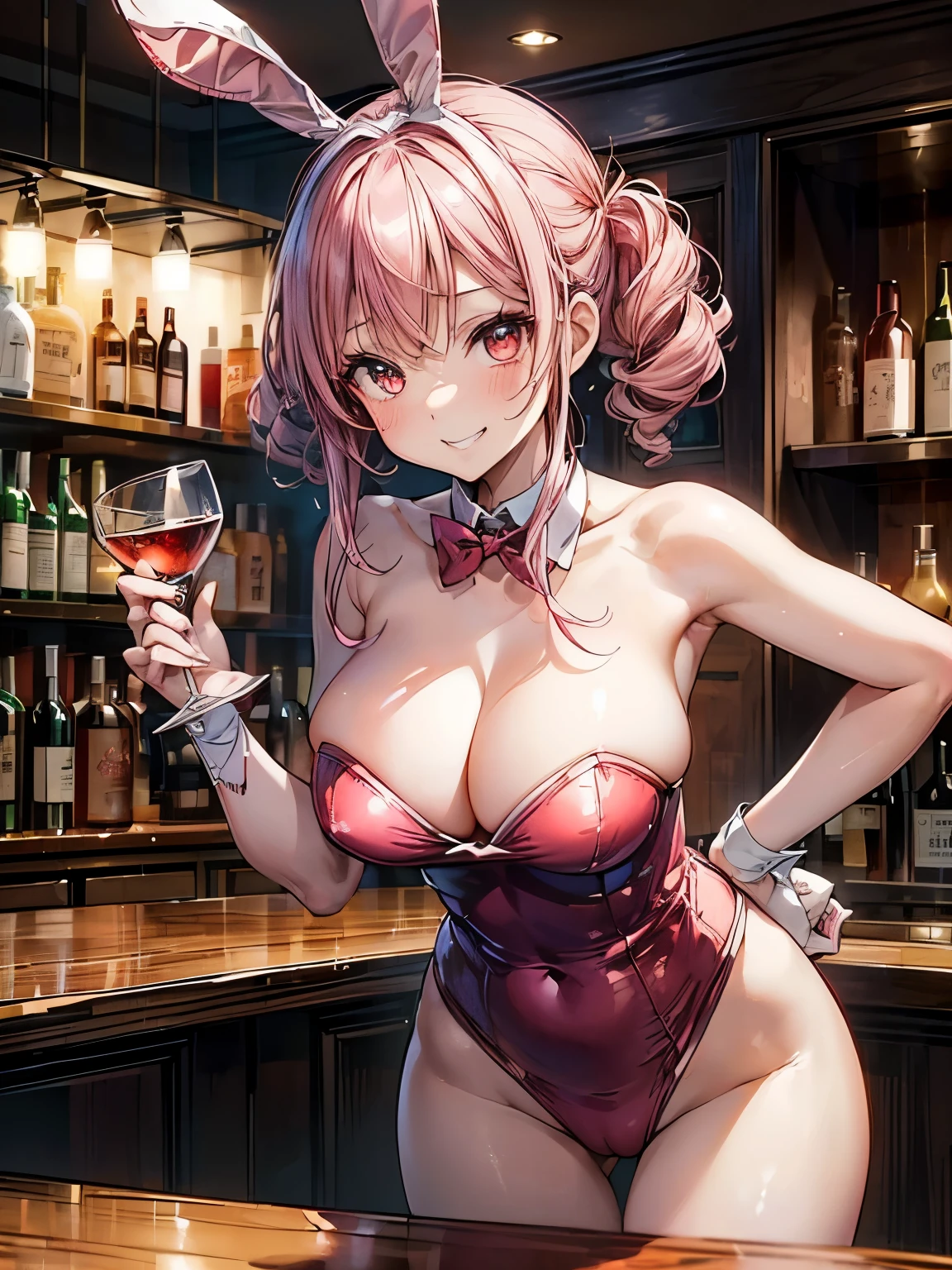 highest quality、Nice  body、One Woman、solo、(Beautiful busty woman:1.5)、Medium hair woman、((Pink haired woman))、 girl、((ピンク色の girlハイレグレオタードを着た女性:1.3))、A woman wearing brown pantyhose、Woman wearing a pink bow tie、((A woman who is drunk:1.3))、((A woman with a grin))、((Woman with a red face))、Stylish bar、bar counter、A liquor shelf with many wines lined up