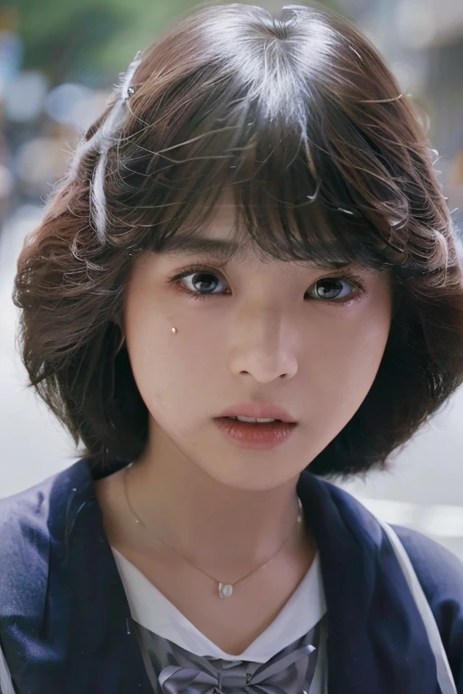 (((Realistic photograph))),, Portraiture, (Scary face:1.3),, beautiful girl, View your viewers, , (school uniform:1.2), Buttoned shirt and trousers, , (Cleavage:1),, On the streets of Japan, (Environment details:1.3),, (RAWphotograph, CG unity, photograph, ultra Realistic details, Sharp focus, Detailed skin,4K, High resolution, masterpiece, highest quality, Realistic, Vibrant:1.2),, (8k,4K, 超High resolution, High resolution, Professional, movieのような, movie, dramatic),, (Anamorphic depth of field blur background), Detailed Background,