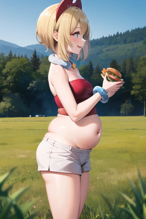 masterpiece, best quality, highres, aairida, short hair, red hairband, neck ring, collar, strapless shirt, red shirt, bracelet, white shorts, bare legs, standing, cowboy shot, outdoors, field, eating burger, smile, potbelly, plump, side profile