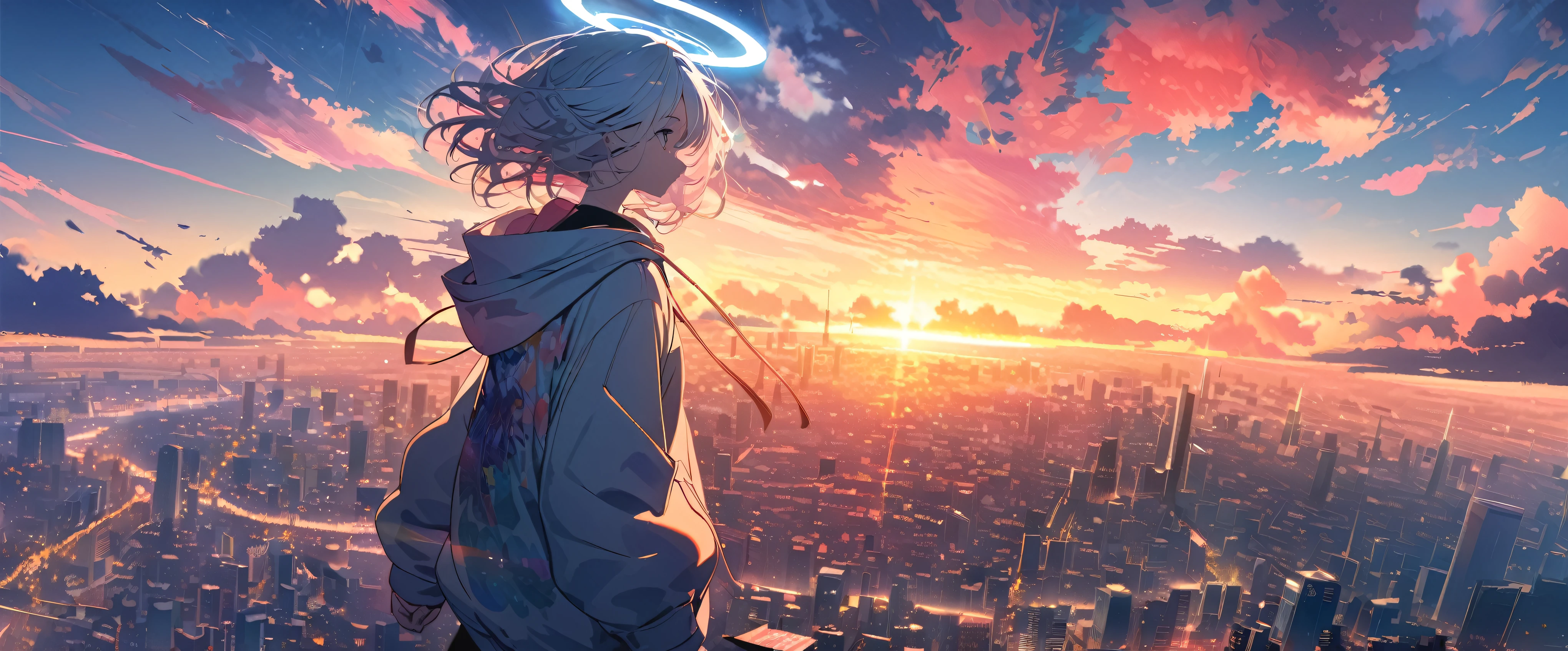 angelic, detailed woman who is walking, woman wearing hoodie, a halo of angels above the woman, highest billding in city, road, sunrise, horizon, skyline, in the sky, city of clouds, colorful, high-res, 8K