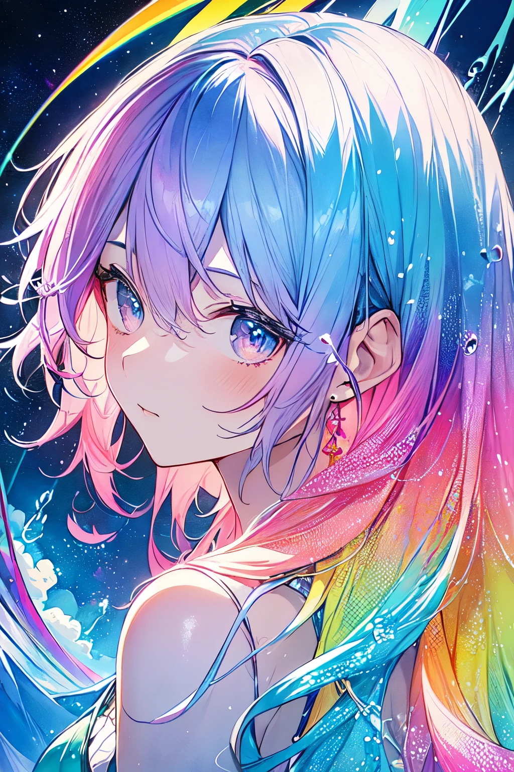 (masterpiece, highest quality, highest quality,watercolor (Moderate),Official Art, beautifully、aesthetic:1.2),(1 girl:1.3), (Fractal Art:1.3),Upper Body, From the side, Looking at the audience,pattern,(Rainbow Hair,colorful hair,Half blue、Half pink hair:1.2),water,liquid, cloud,colorful, Starry Sky,performer,
