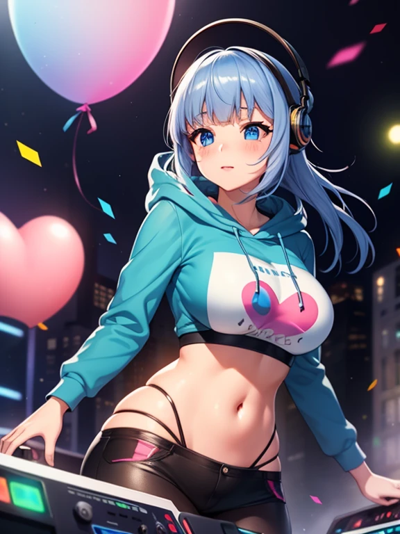masterpiece, best quality, high resolution, UHD, 8k, cowboy shot, BREAK, 1 girl, girl style anime, Glossy skin, rounded eye, beautiful eyelash, realistic eye, beautiful woman, DJ girl, with blue hair, long hair, french braid, medium breasts, with headphones wearing a hoodie printed with a heart , BREAK, standing playing a turntable with a lot buttons of colors, and laser rays and neon light, with many lights, colored lasers, balloons, and colored confetti.