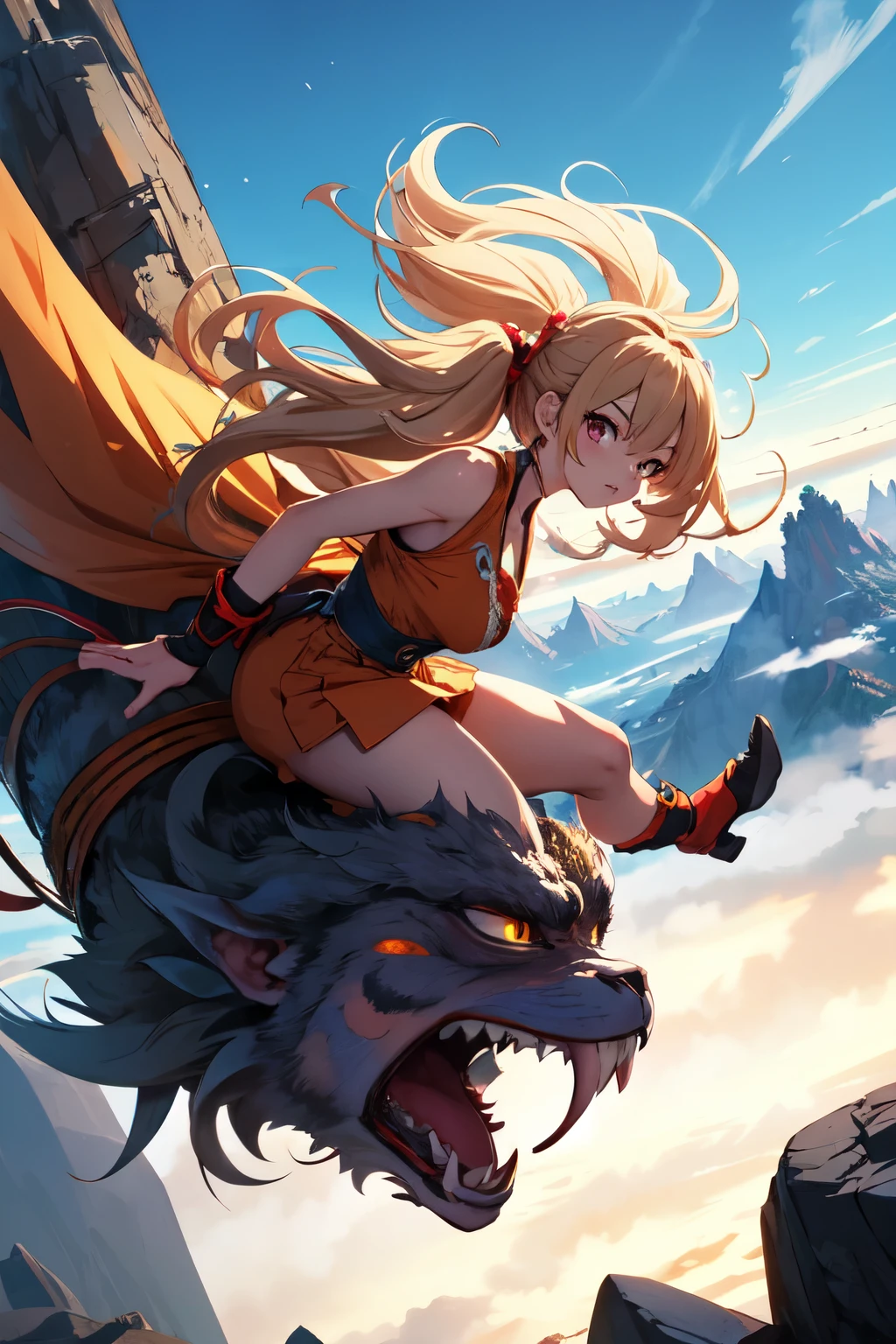 gyaru girl riding on a cloud, Flying Nimbus, son goku, Monkey King, an brown color twin tail girl, close-up, detailed hip hop costume, dynamic pose, dutch angle, pointed rocky mountains, unexplored land, fog, ink painting style