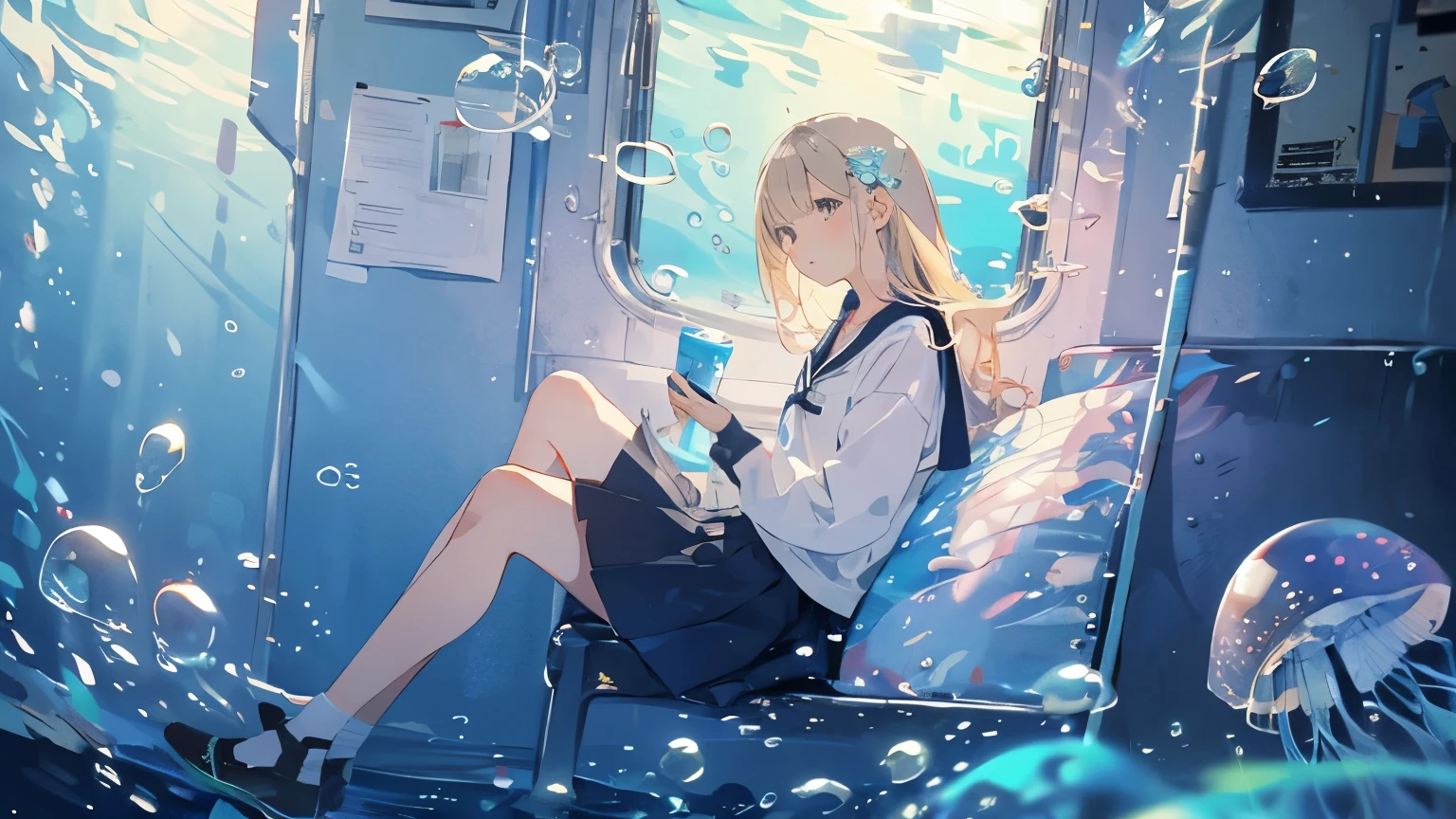 (masterpiece:1.3),(highest quality:1.2),8k,Confused,unity 8k wallpaper,(Very detailed:1.3),the best,High resolution,wonderful,shape,Beautiful studio soft light,Stunningly beautiful,incredibly Confused,Crisp details,Cinema Lighting,Moody lighting,Pixiv,Awards, Professional, Very detailed,Face in perfect detail,、
transportation facilities_Against_window, 1 girl, alone, Colorful long blonde hair, skirt, Long sleeve, Sitting, , Gray Hair, pleated skirt, shoes, serafuku, fish, bubble, Blue Theme, (Underwater:1.2), (air bubble:1.3), Inside the train, (Surreal:1.2), (jellyfish:1.2), (whale:1.1),(fish:1.2),Blurred foreground,
