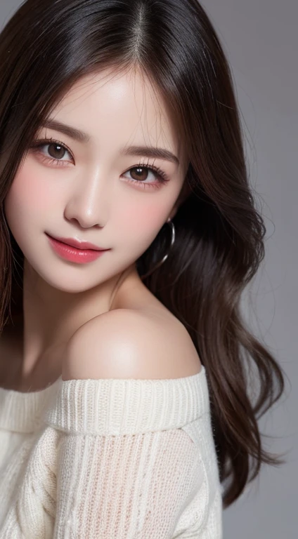 muste piece, highest quality, figure, super detailed, finely, High resolution, 8k wallpaper, Perfect dynamic composition, beautiful and fine eyes, Long sleeve off-shoulder with random colors and designs,medium hair,small breasts,natural color lip, bold sexy pose,smile,latest office、20 year old girl、cute、sexy shot looking at camera,perfect and beautiful face and fingers,Take a close-up photo of your face,Take only the face、blur the background、anatomically and physiologically correct body、beautiful detailed face、perfect and beautiful double、small face