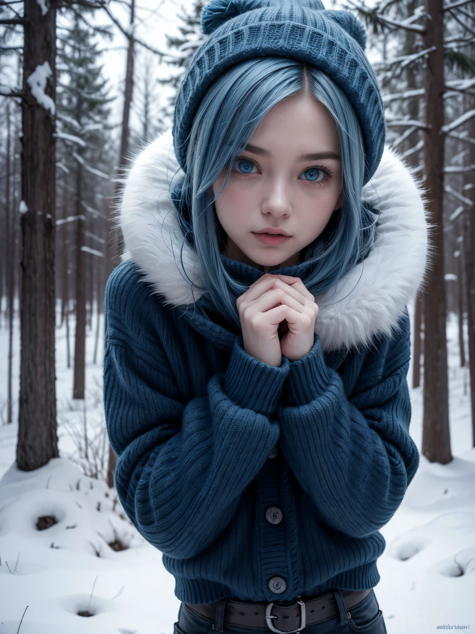 Hot girl, blue hair, blue eyes, sexy pose, winter clothes