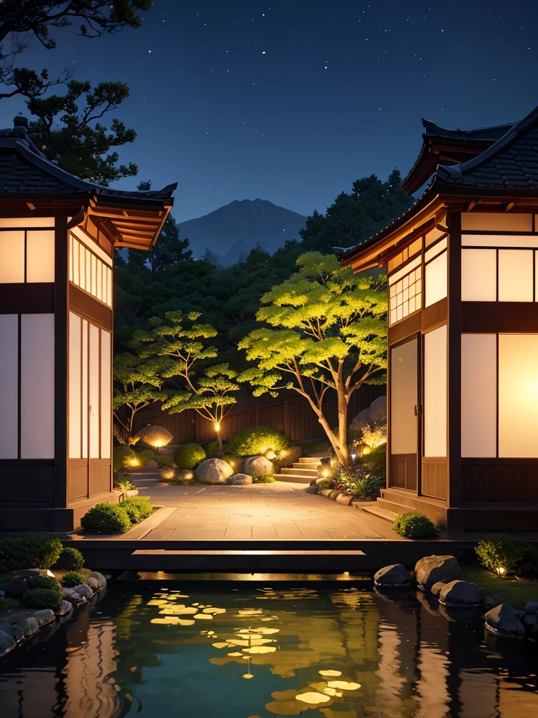The Japanese garden as night falls、The illumination transforms the area into a mysterious world.。there、One woman appears。Her kimono sparkles in the light、Walking quietly along the cobblestones。Captivated by the beauty of the garden、She forgot time、While thinking about the night breeze、Savoring this peaceful moment。In harmony with the surrounding nature、Her presence blends into the garden.。
