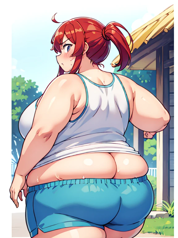 Massively obese boxer girl, shorts, tank top, running, red hair, extremely chubby, fat rolls, sweating, blushing, huge ass, back view