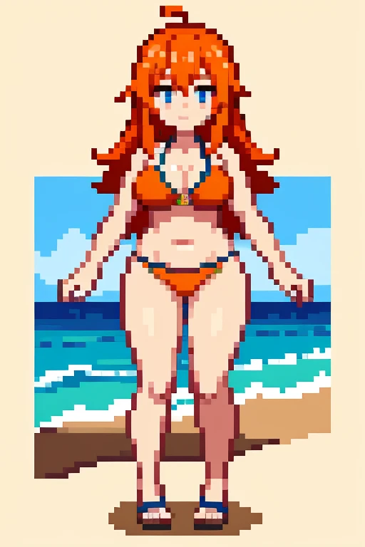 1 girl, full body, fat, orange hair, bikini, high res, ultrasharp, 8K, masterpiece, looking at viewer, at the beach