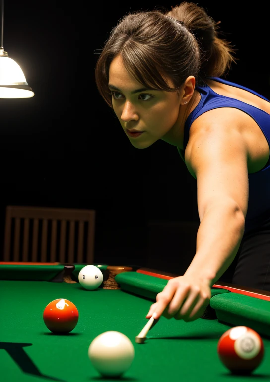 (best quality,4k,8k,highres,masterpiece:1.2),ultra-detailed,(realistic,photorealistic,photo-realistic:1.37),a woman with a pool cue,penetrating gaze,analyzing the shot,pool table and its possibilities,pool game,bright light,billiards championship,portraits,colorful tones,sharp focus,professional,skillful player,confident posture,competition vibe,precise stroke,skillful aiming,vivid colors,studio lighting,striking precision,ball rolling on the table,perfectly aligned balls,experienced player,exquisite technique,thrilling atmosphere,dynamic composition,concentrated mind,determined facial expression,suspenseful moment,high-stakes game,competitive spirit,intense concentration,impressive accuracy,masterful break,winning strategy,meticulous assessment,calculated shot,billiard balls scattering.