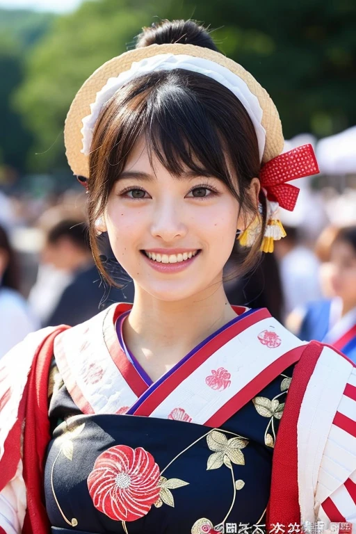 (Highly detailed body、Highly detailed face、highest quality:1.2)、woman、Looking at the audience、(Japan festival costumes、Wrap around your chest、Laughter、Updo、Half quilt)、(Mikoshi)