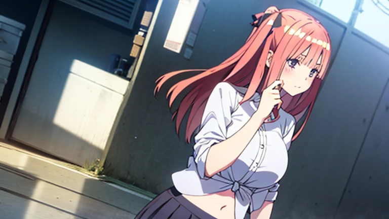Nino Nakano, knot white shirt, midriff, mini skirt, large breasts, 