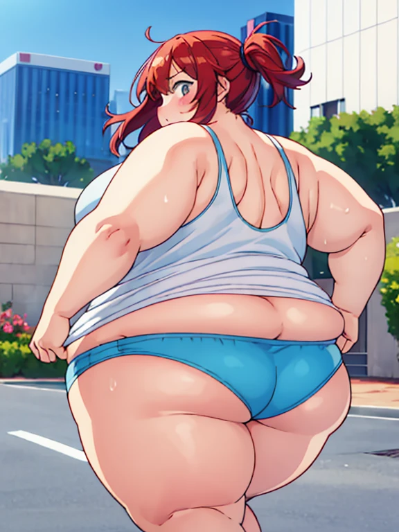 Massively obese boxer girl, shorts, tank top, running, red hair, extremely chubby, fat rolls, sweating, blushing, huge ass, back view