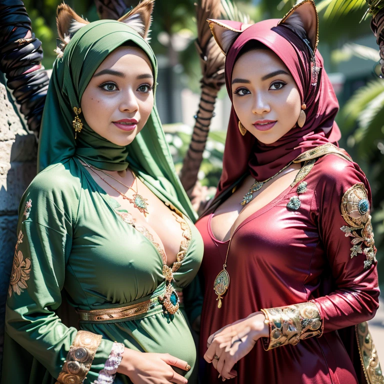 Malaysian girl pregnant 9 month ,malay, The whole body consists of a young girl with hijab, Eye makeup, 55 year old model, Cat ears, Soft lighting, Solo, Wear shabby clothes, Dirty, Tattered futuristic military uniform, Cat's paw badge, Pose, spot color, rendering by octane, Ultra-realistic intricate details, Cinematic, 8K resolution, 70mm, emphasis lightings, (((2 girls:1.5, girls standing))) Setting background: Basquiat graffiti wall background,Graffiti artist, urban walls, spray paint cans, bold colors, rebellious strokes, street gallery, artistic , night shadows, public expression, aerosol mastery, layered stencils, cultural messages, graffiti tags, creative risks, vibrant visuals, underground recognition, impactful designs, urban transformation. Art by Mschiffer, (((Woman with hijab style, hijab with sexy dress)), (lace stockings), (((Wearing: diamond necklace and earrings))). RAW photo, full sharp, detailed face (high detailed skin:1.2), 8k uhd, dslr, soft lighting, high quality, film grain, Fujifilm XT3, (extremely beautiful face, sexy lips, beautiful red lips, Clear eyes, beautiful eyes), (big green eyes), pretty girl, face forward, intricate detail face, ((ultra detailed skin)) (skin texture, film grain), Detailed beautiful face, natural tpose, natural facial expression, (((Straight breasts))), Surreal full-body figure, Beautiful and delicate body and face, gorgeous figure, ssmile, Titillating,Surreal full-body figure,Beautiful and detailed body and face, Super vista, White skin of the, vivd colour,🔥8k, masterpiece, RAW photo, best quality, (18k detail:1.2), photorealistic, extremely, deep shadow, earrings, bracelets, necklace,