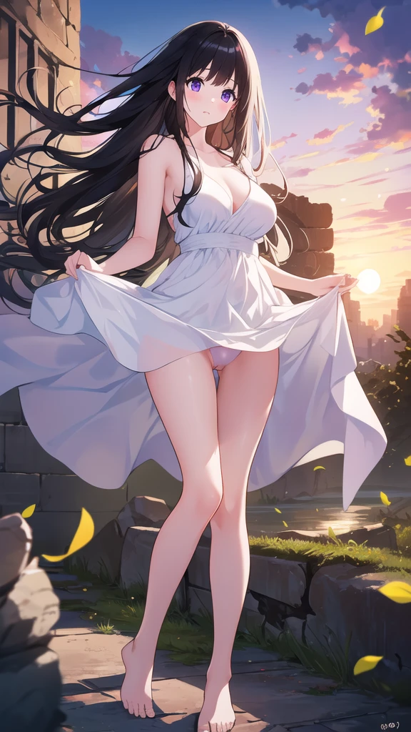 Great bed, 只有一个beautiful girl,Purple Eyes, Black Hair, Naturally straight hair, Straight bangs,Extremely refined,open your lips,Face is so red,Very white skin,big eyes,Flowing long hair,beautiful girl, Like a dream,Slim,Soft, (Sensual), (Kawaii), Dream quality,On the ruins,moonlight,Fallen Leaves,A strong wind blew,Stormy Weather,White Dress,Lift up your skirt,Skin is glowing white,naked,Beautiful big breasts,No pants,Delicate clavicle,Delicate hands and feet,naked露的脖子,naked露大腿,Exposing the groin,Camel toe,naked露的双腿,barefoot,extremely shy,Ultra-high resolution, (masterpiece:1.2, best quality), (Delicate and beautiful eyes: 1.2), (Beautiful and delicate face)