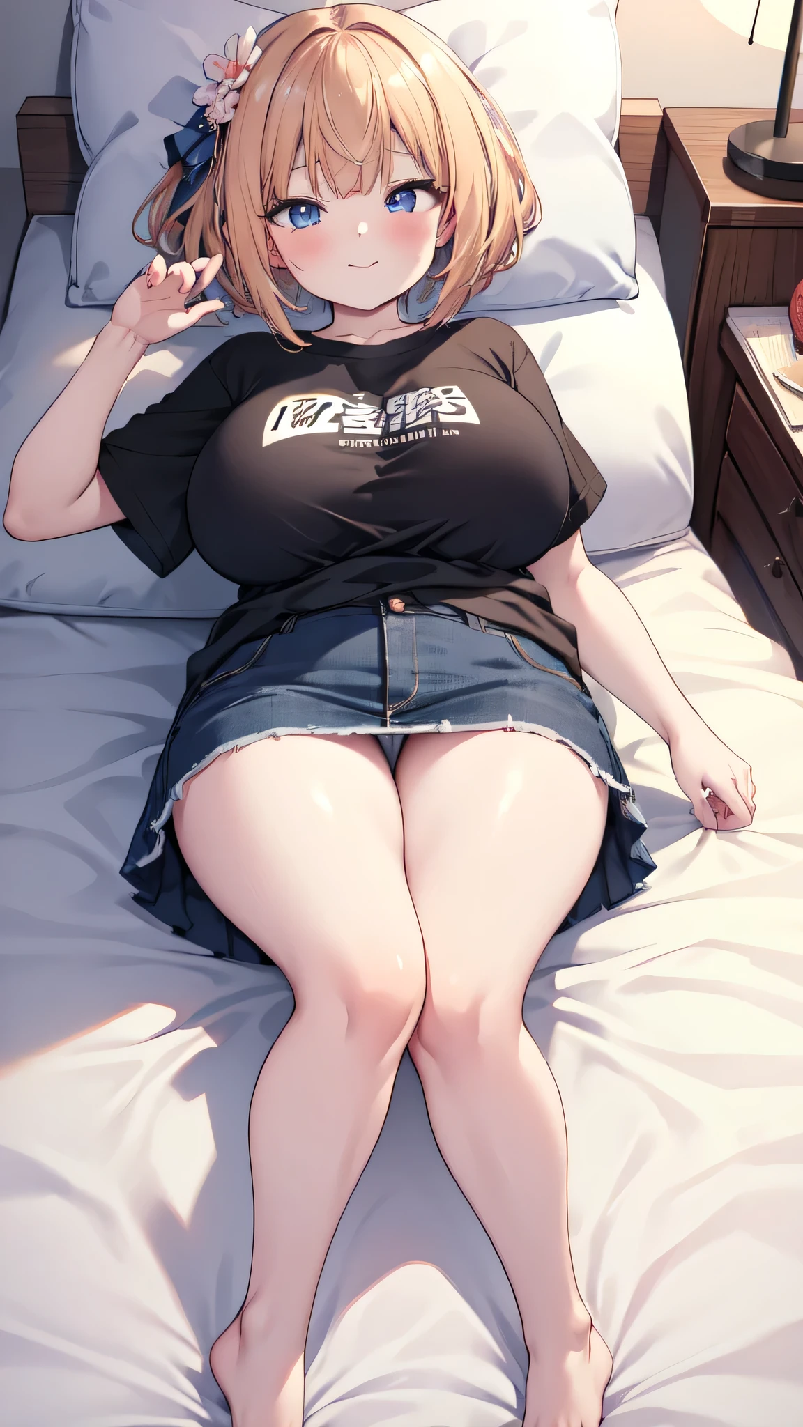 Very detailed、(8k, RAW Photos, highest quality, masterpiece:1.2), (Very detailed 8k wallpaper),figure、Professional Lighting,Sharp focus, Depth of written boundary、、Clear Eyes、Perfect Anatomy、With a girl、、、Big Breasts,、(Plump thighs:1.2)、、、pov 、T-Shirts、White panties、Denim mini skirt、、Lying in bed、(Leg spread:1.5)