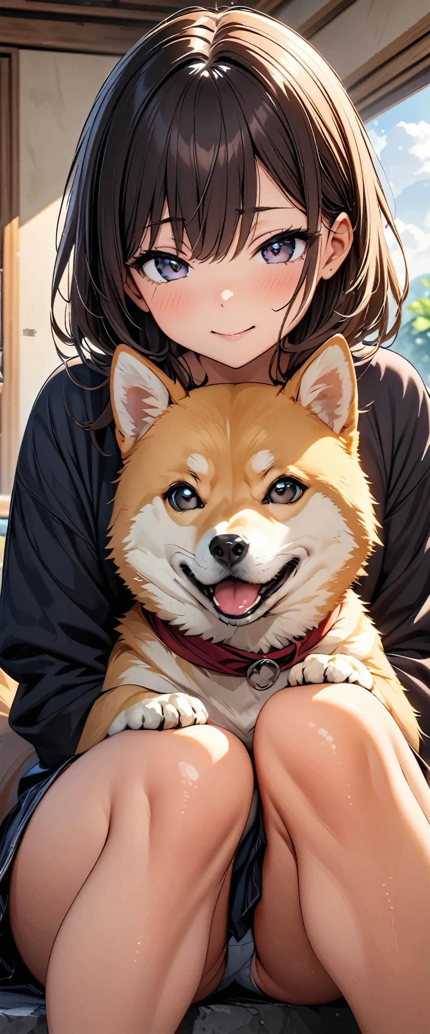 ((Masterpiece, top quality, high resolution)), ((highly detailed CG unified 8K wallpaper)), close up photo of a shiba, Relaxing on a woman's leg, Cute and sitting,