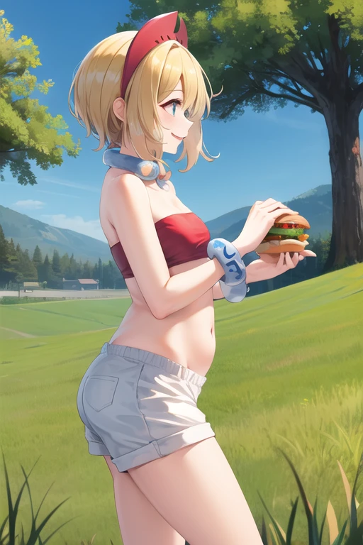 masterpiece, best quality, highres, aairida, short hair, red hairband, neck ring, collar, strapless shirt, red shirt, bracelet, white shorts, bare legs, standing, cowboy shot, outdoors, field, eating burger, smile, potbelly, side profile, exposed navel 