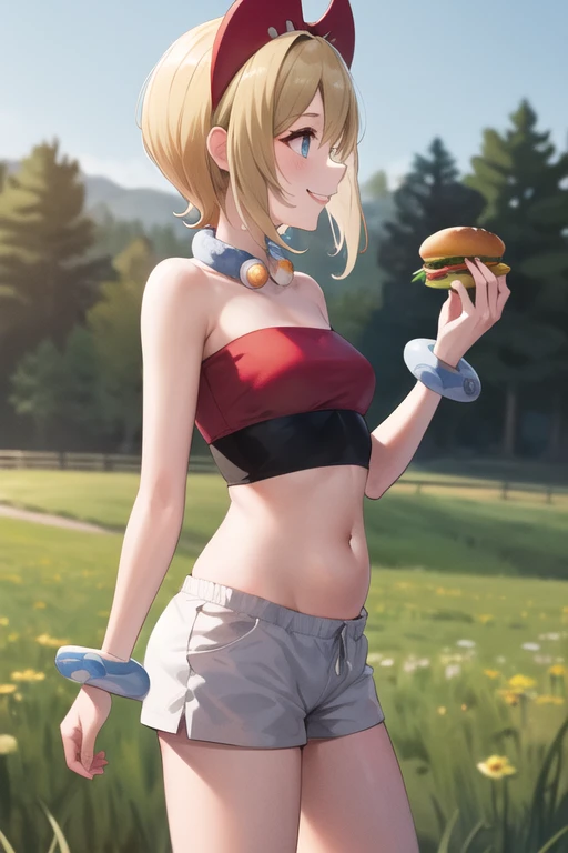 masterpiece, best quality, highres, aairida, short hair, red hairband, neck ring, collar, strapless shirt, red shirt, bracelet, white shorts, bare legs, standing, cowboy shot, outdoors, field, eating burger, smile, potbelly, side profile, exposed navel 