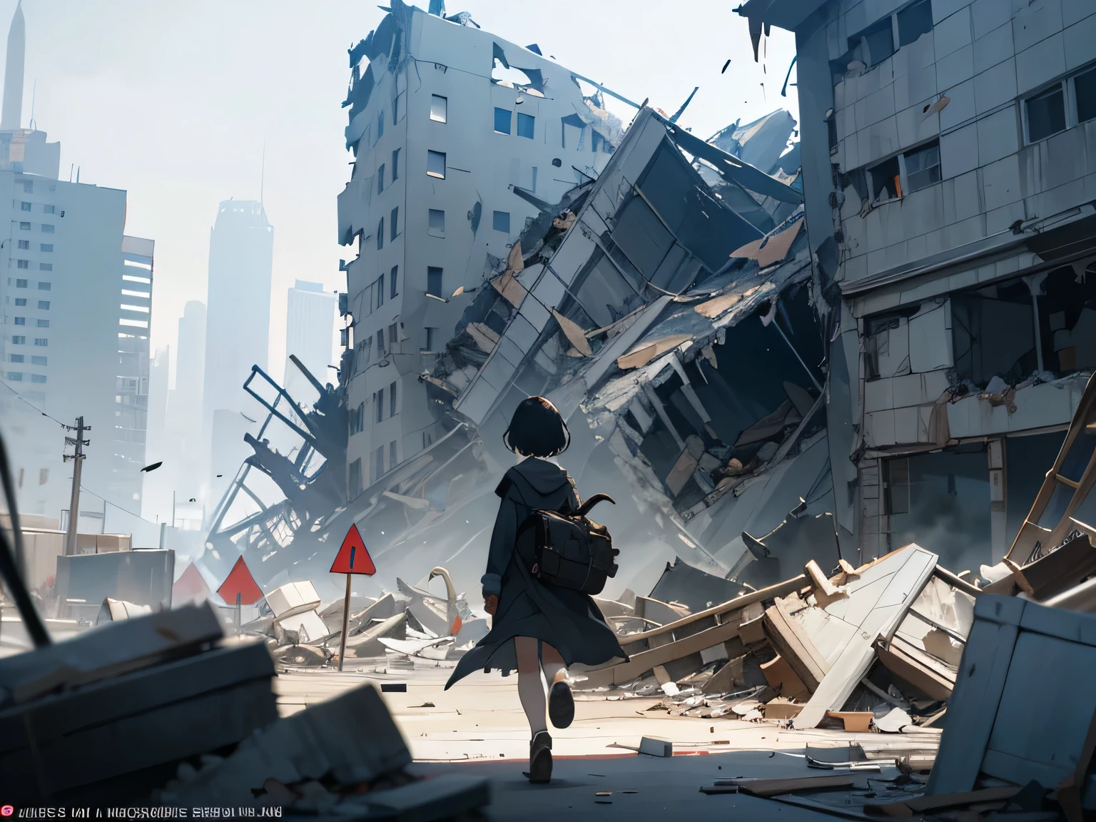 concept background, ((background)), ((best quality)), ((masterpiece)), (detailed), foggy city, Grey City, fantasy city, black short hair. Human Girl, time card: 2024, Somewhere in a ruined city, the wind blows through the desolate streets, Countless buildings stood collapsed into rubble.. This was once a prosperous city., Now it was a place engulfed in deathly silence.. There was a girl walking quietly through the rubble. her name was emily.

Emily was one of the city&#39;s few survivors.. She remained living here with her father.. However, my father recently passed away due to illness., Now Emily was left alone..