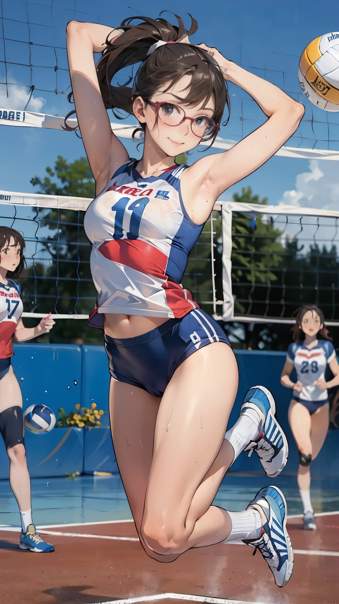 (super flat, flat shading), Honors Type, Really blushing, ************, girl, wearing no sleeves white volleyball high-cut uniform:1.5, wedgie:1.5, cameltoe:1.5, sports shoes, ponytail brown hair, Glasses, sweaty healthy body, sweaty soaking wet full body, smile, bare legs, armpit, navel, ultra realistic, early morning, breeze, (jumping:1.2), in crowded public gymnastics, 