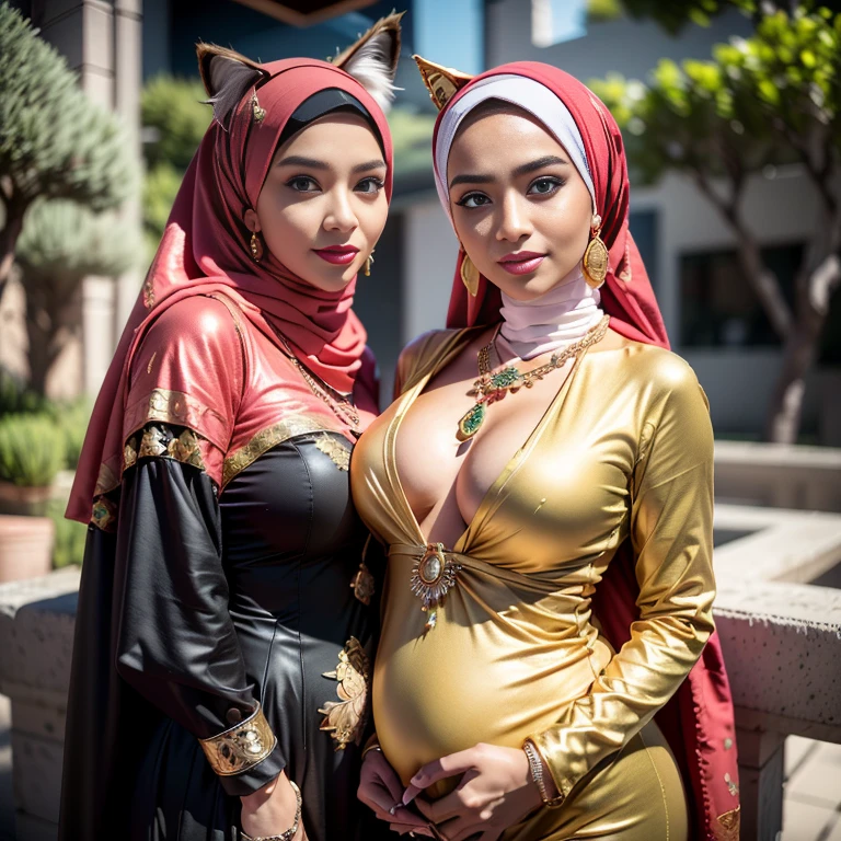 Malaysian girl pregnant 9 month ,malay, The whole body consists of a young girl with hijab, Eye makeup, 55 year old model, Cat ears, Soft lighting, Solo, Wear shabby clothes, Dirty, Tattered futuristic military uniform, Cat's paw badge, Pose, spot color, rendering by octane, Ultra-realistic intricate details, Cinematic, 8K resolution, 70mm, emphasis lightings, (((2 girls:1.5, girls standing))) Setting background: Basquiat graffiti wall background,Graffiti artist, urban walls, spray paint cans, bold colors, rebellious strokes, street gallery, artistic , night shadows, public expression, aerosol mastery, layered stencils, cultural messages, graffiti tags, creative risks, vibrant visuals, underground recognition, impactful designs, urban transformation. Art by Mschiffer, (((Woman with hijab style, hijab with sexy dress)), (lace stockings), (((Wearing: diamond necklace and earrings))). RAW photo, full sharp, detailed face (high detailed skin:1.2), 8k uhd, dslr, soft lighting, high quality, film grain, Fujifilm XT3, (extremely beautiful face, sexy lips, beautiful red lips, Clear eyes, beautiful eyes), (big green eyes), pretty girl, face forward, intricate detail face, ((ultra detailed skin)) (skin texture, film grain), Detailed beautiful face, natural tpose, natural facial expression, (((Straight breasts))), Surreal full-body figure, Beautiful and delicate body and face, gorgeous figure, ssmile, Titillating,Surreal full-body figure,Beautiful and detailed body and face, Super vista, White skin of the, vivd colour,🔥8k, masterpiece, RAW photo, best quality, (18k detail:1.2), photorealistic, extremely, deep shadow, earrings, bracelets, necklace,