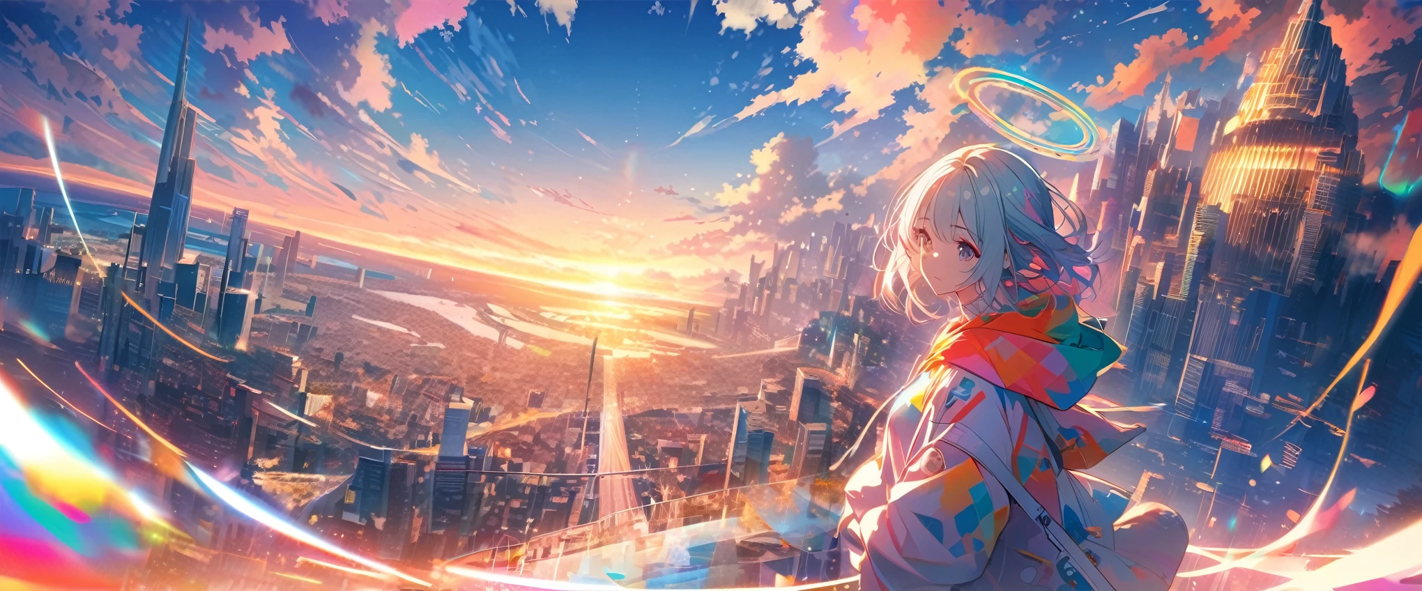 angelic, detailed woman who is walking, woman wearing hoodie, a halo of angels above the woman, city, road, sunrise, horizon, in the sky, city of clouds,colorful,high-res,8K)