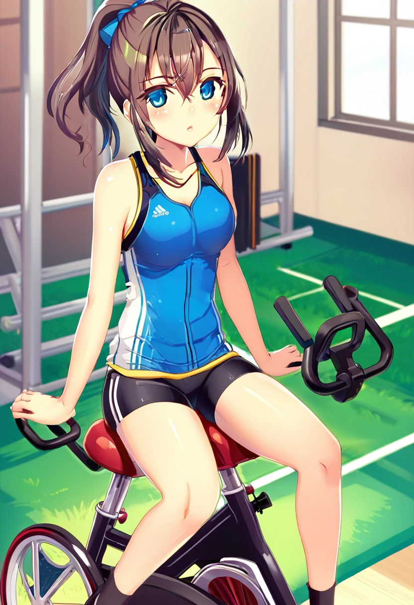 a girl sitting on gym cycle saddle, (short soccer shorts), spread legs,