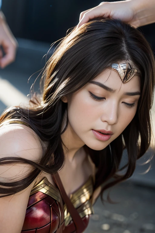 from the side,perfect wonder woman costume,crawl on all fours,sleeping face,Close ~ eyes,open your mouth,tired face,face of suffering,sky face,sleeping face,fight the men,surrounded by men,,caught between men,being tackled by men,Intertwining with men, Attacked by men,assaulted by men,Being bullied by guys,being sexually abused by a man,Captured by a man,Being detained by a man、touch your face,、Hair is pulled hard,My head is grabbed,licked my hair,lick my face,brown hair, masterpiece、beautiful girl、fine 目、puffy eyes、highest quality, 超High resolution, (reality: 1.4), movie lighting,super beautiful、beautiful skin、(Ultra-realistic)、(High resolution)、(8K)、(very detailed)、(beautiful and fine 目)、(Super detailed)、 detailed face、slanted bangeshi hair、brown hair、20-year-old、wonder woman cosplay,wonder woman tiara