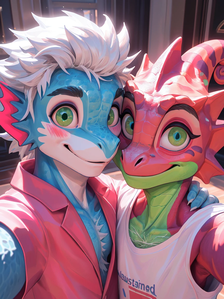 （masterpiece），（Very detailed），（best quality），hairy，chameleon，Scale texture，white hair，Green pupils，Smile（Blushing 1.1），（Pink casual wear 1.2），Selfie of two boys，8k，（Face close-up 1.5），（（high quality））