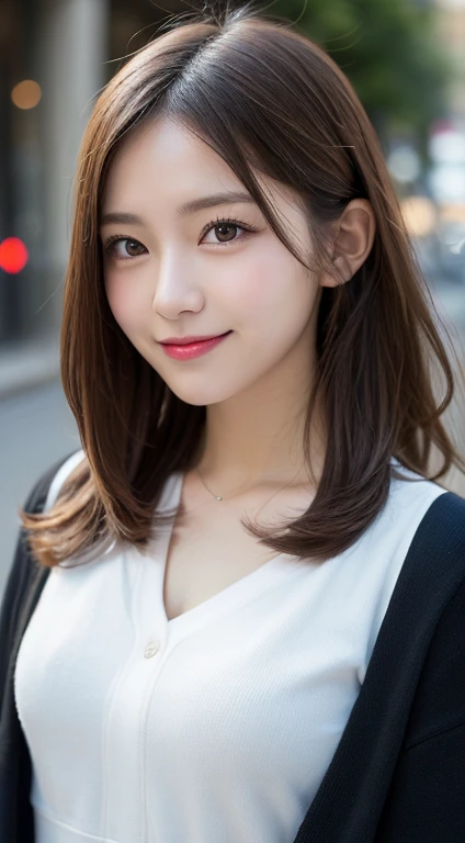 masutepiece, Best Quality, Illustration, Ultra-detailed, finely detail, hight resolution, 8K Wallpaper, Perfect dynamic composition, Beautiful detailed eyes, doress,Medium Hair, mid-chest, Natural Color Lip, Random and sexy poses,Smile,Aoyama Street Walk