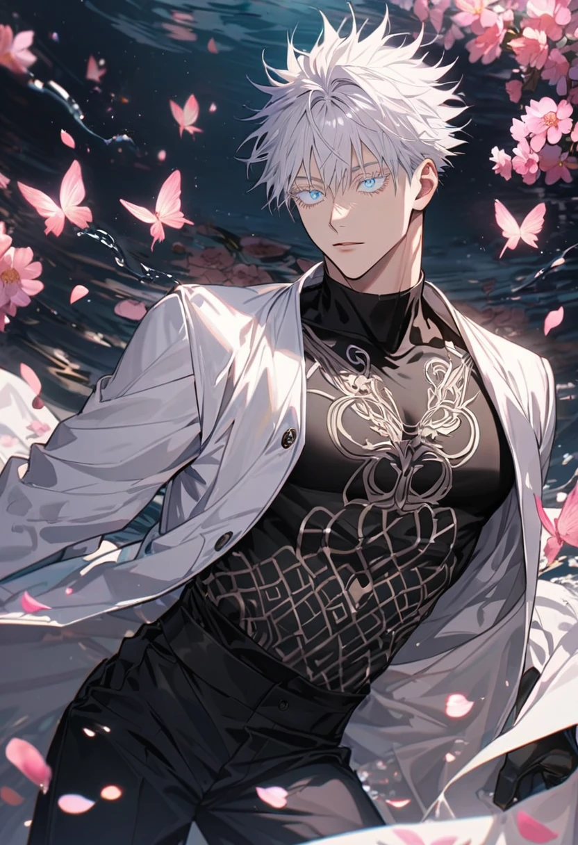 Ultra detailed, Highres, absurdres, Gojou Satoru, white hair with bangs, blue eyes, white eyelashes, white long coat with patterns, Jujutsu Kaisen, pink flowers, petals, extremely handsome, sexy man, toned chest, solo, very detailed eyes and face, black gloves, water, black pants, pink butterflies, black tight t-shirt,