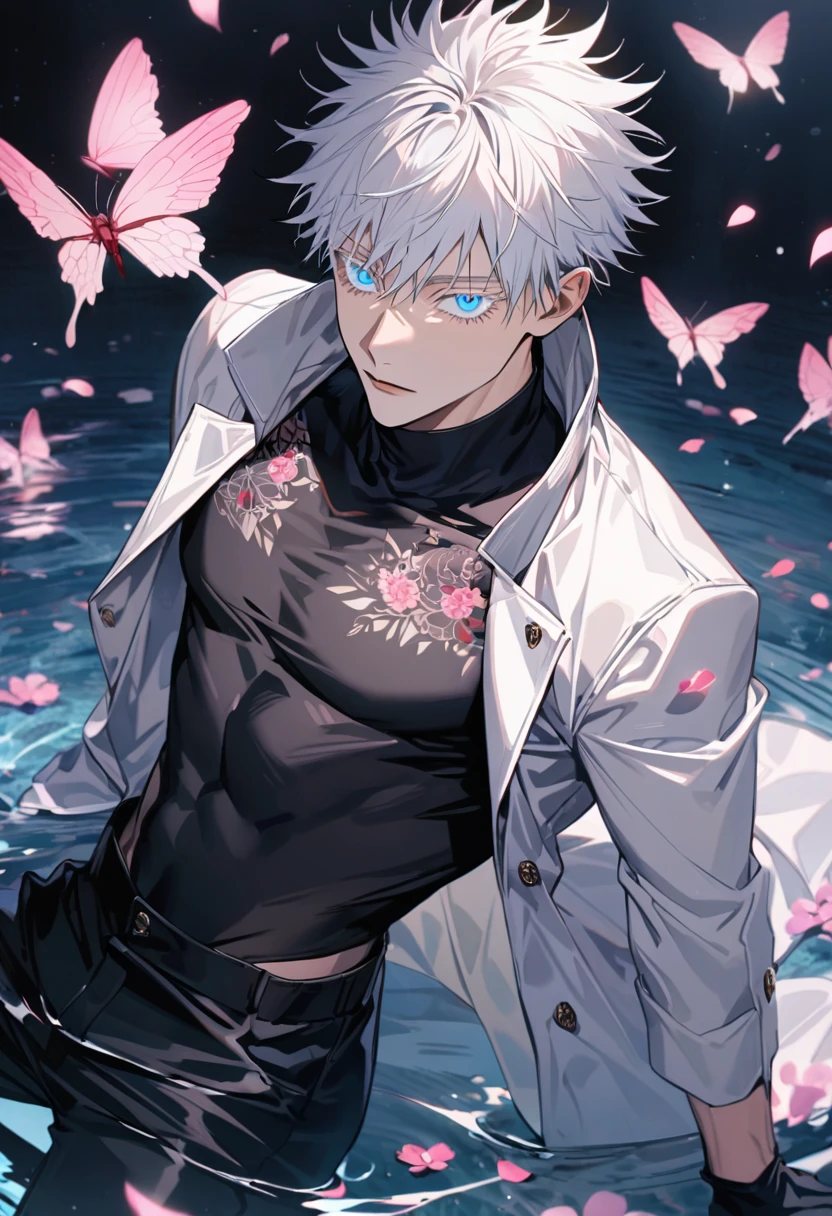 Ultra detailed, Highres, absurdres, Gojou Satoru, white hair with bangs, blue eyes, white eyelashes, white long coat with patterns, Jujutsu Kaisen, pink flowers, petals, extremely handsome, sexy man, toned chest, solo, very detailed eyes and face, black gloves, water, black pants, pink butterflies, black tight t-shirt,