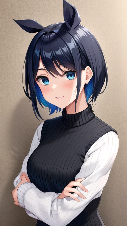 Obra maestra, mejor calidad, Hi-Nada, 1 chica, Solo, joyas, Falda, sweater, collar, Black Falda, pelo negro, cabello corto, Ribbed sweater, medias, sweater tipo con cuello de tortuga sweater, sweater tipo con cuello de tortuga, White medias, Blue Eyes, manga larga, Pleated Falda, Bragas dobladas desde el frente,cinta, senos, arco, Hair cinta, banda para el cabello, Hair arco, golpes,, hacer, , , tiro de vaquero, sonrisa,