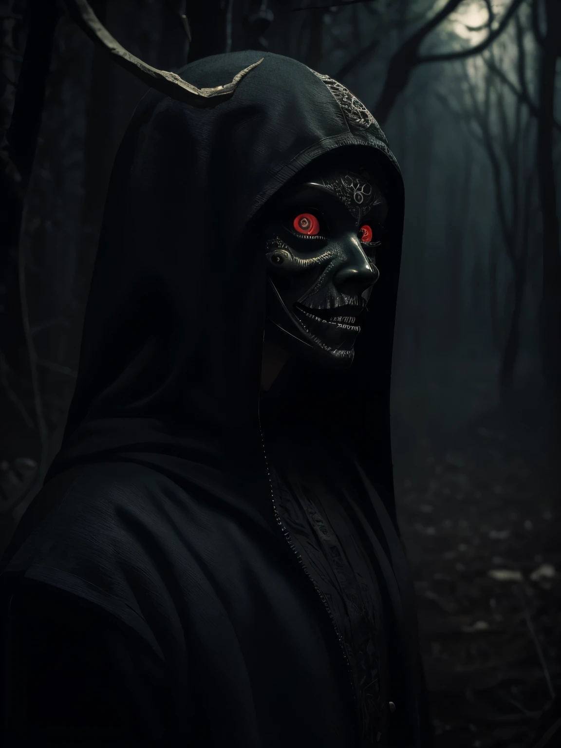 Woman with a mask in profile、He tilts his head and stares at you, Best Quality, hight resolution, (creepy detailed eyes:1.6), extra monstruous detailed face, Perfect Lighting, sujo no meio de uma floresta densa durante a noite, retrato, Dark scenario, estilo horror, pesadelo, cena macabra, filme de terror, personagem com medo, floresta retorcida e sobrenatural, personagem sujo de sangue, noite sem lua, desolate and destroyed place, apocalipse