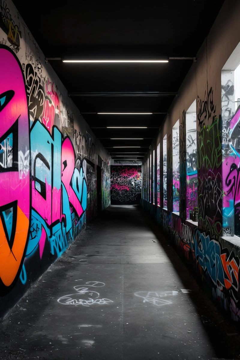 three symmetrical walls with graffiti, deep filled with graffiti inspired by Downhill, On the back wall is written "Gafax Store Co". portrait photography, dark cinematic aerial photography Desaturated, masterpiece, contest winner, RAW photo, ,8k uhd,dslr,soft lighting,high quality,film grain,Fujifilm XT3,
Still photo, cinematic, shot on film, vibrant colors, neon theme, graffiti, graffiti,