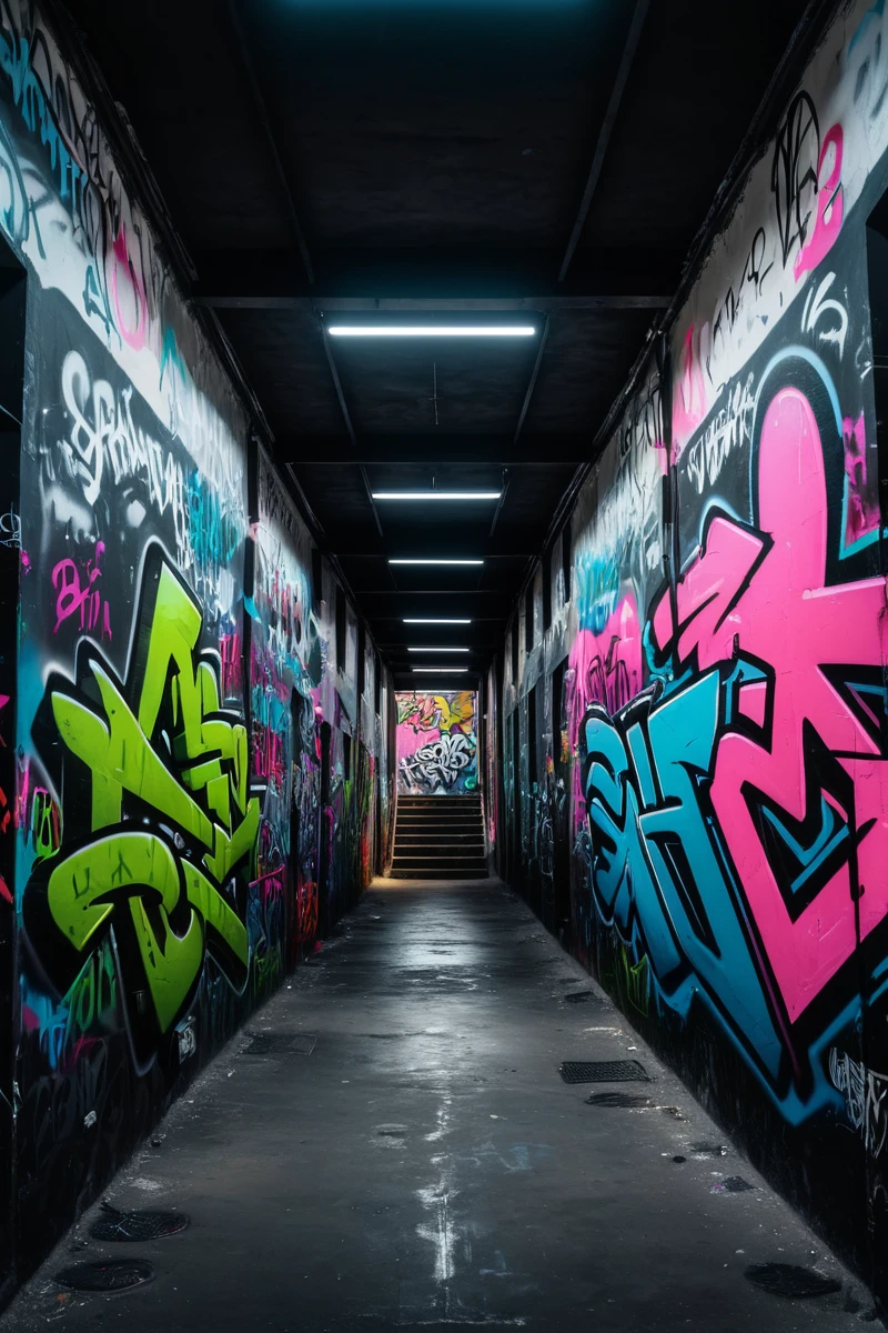 three symmetrical walls with graffiti, deep filled with graffiti inspired by Downhill, On the back wall is written "Gafax Store Co". portrait photography, dark cinematic aerial photography Desaturated, masterpiece, contest winner, RAW photo, ,8k uhd,dslr,soft lighting,high quality,film grain,Fujifilm XT3,
Still photo, cinematic, shot on film, vibrant colors, neon theme, graffiti, graffiti,