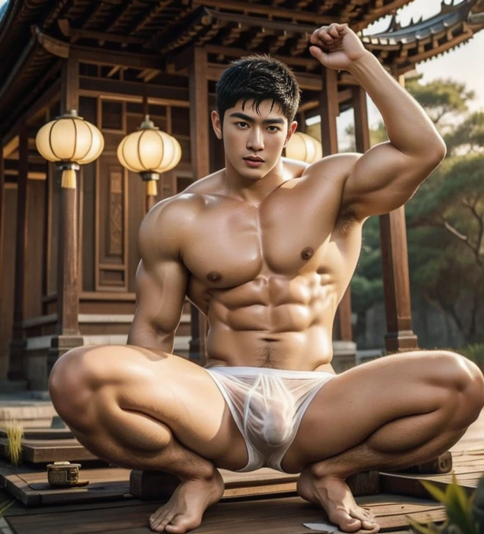 1 handsome Chinese guy,wet body, wet hair, 18-year-old male high school student,majestic,Who is Shi Yu?, Li Yuanbin, Kim Hyung Tae, Kim Hyung Tae, Yin Shishan, Wang Yi Bao, Handsome Chinese muscular guy,Broad shoulders and narrow waist,A handsome guy wearing white brief, wet skinny brief, transperent underwear ( see through),Form-fitting fabric contours the bust, bare chest,in a buddism pagoda,buddism statues background, detailed background, hands tied behind back,Hands tied behind the back,hands tied top the head,Masculine and sexy,High,Muscles look good,manly, hairy body,Wheat complexion,black eyes(thin eyes 1:3),whole body image, bare butts, nice butts, big bulge , long big dick, perfect dick, open legs