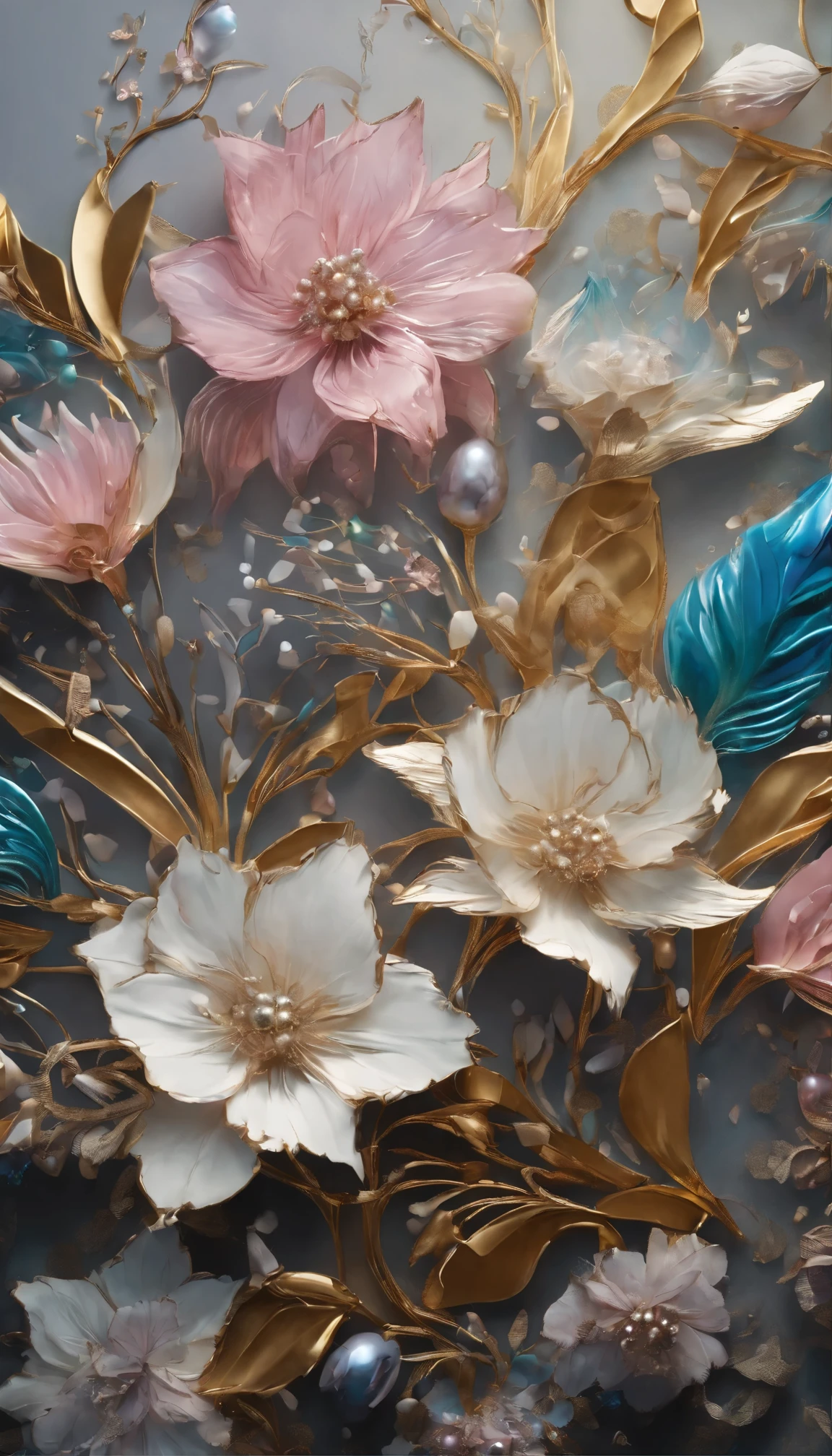 All expressed with colorfull jewels, the arrival of spring, various beautiful flowers, angles looking up from below, various jewels falling from the sky, wonderful and beautiful superb view, slightly hazy, fantastic, high resolution, 8K, (best quality, highres, realistic:1.37), shiny metallic flowers, intricate and delicate petals, reflective surfaces, vibrant colors, intricate details, close-up view, surreal garden, surreal beauty, dreamy atmosphere, fine art, abstract botanicals, metallic sculpture, contrasting textures, ethereal glow