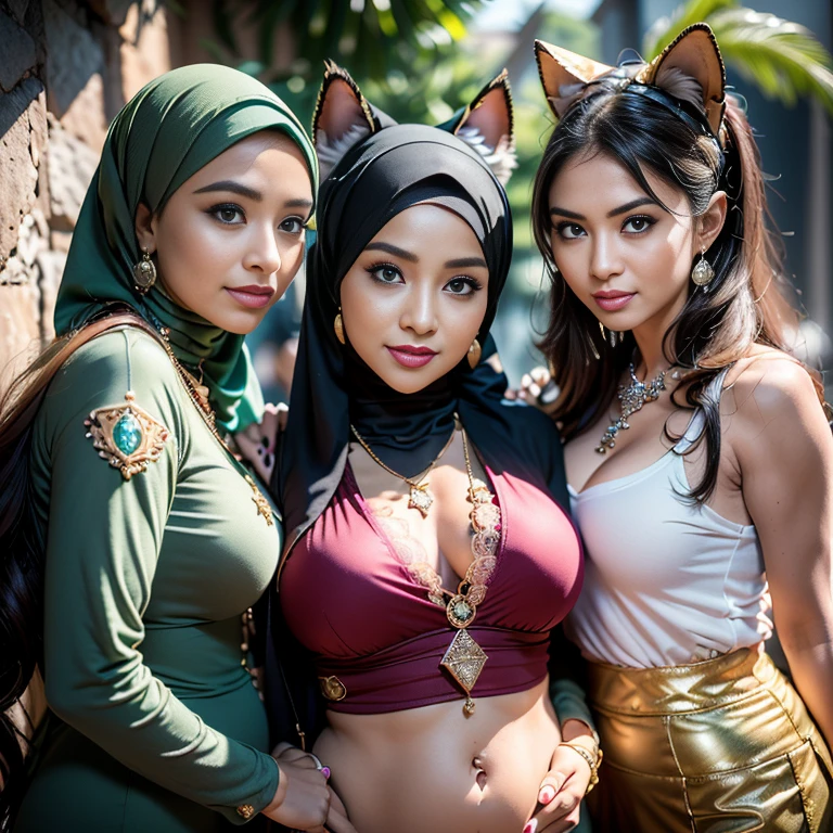 Malaysian girl pregnant 9 month ,malay, The whole body consists of a young girl with hijab, Eye makeup, 55 year old model, Cat ears, Soft lighting, Solo, Wear shabby clothes, Dirty, Tattered futuristic military uniform, Cat's paw badge, Pose, spot color, rendering by octane, Ultra-realistic intricate details, Cinematic, 8K resolution, 70mm, emphasis lightings, (((2 girls:1.5, girls standing))) Setting background: Basquiat graffiti wall background,Graffiti artist, urban walls, spray paint cans, bold colors, rebellious strokes, street gallery, artistic , night shadows, public expression, aerosol mastery, layered stencils, cultural messages, graffiti tags, creative risks, vibrant visuals, underground recognition, impactful designs, urban transformation. Art by Mschiffer, (((Woman with hijab style, hijab with sexy dress)), (lace stockings), (((Wearing: diamond necklace and earrings))). RAW photo, full sharp, detailed face (high detailed skin:1.2), 8k uhd, dslr, soft lighting, high quality, film grain, Fujifilm XT3, (extremely beautiful face, sexy lips, beautiful red lips, Clear eyes, beautiful eyes), (big green eyes), pretty girl, face forward, intricate detail face, ((ultra detailed skin)) (skin texture, film grain), Detailed beautiful face, natural tpose, natural facial expression, (((Straight breasts))), Surreal full-body figure, Beautiful and delicate body and face, gorgeous figure, ssmile, Titillating,Surreal full-body figure,Beautiful and detailed body and face, Super vista, White skin of the, vivd colour,🔥8k, masterpiece, RAW photo, best quality, (18k detail:1.2), photorealistic, extremely, deep shadow, earrings, bracelets, necklace,